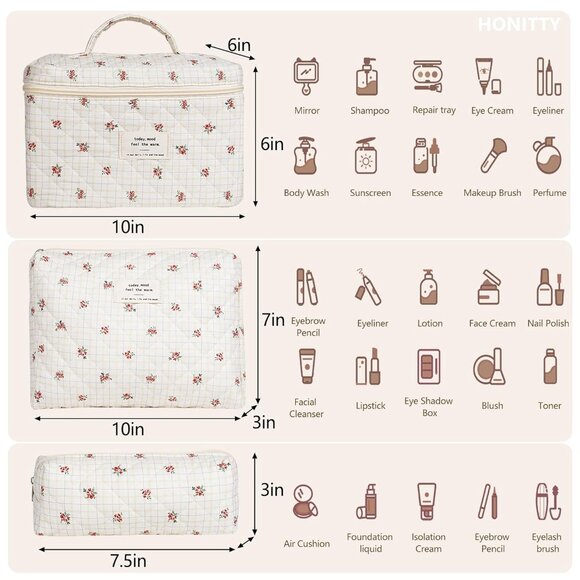 Makeup Bag,Quilted Cosmetic Bags,Large Floral Make Up Organize bag,Makeup Bag Se - Picture 2 of 6